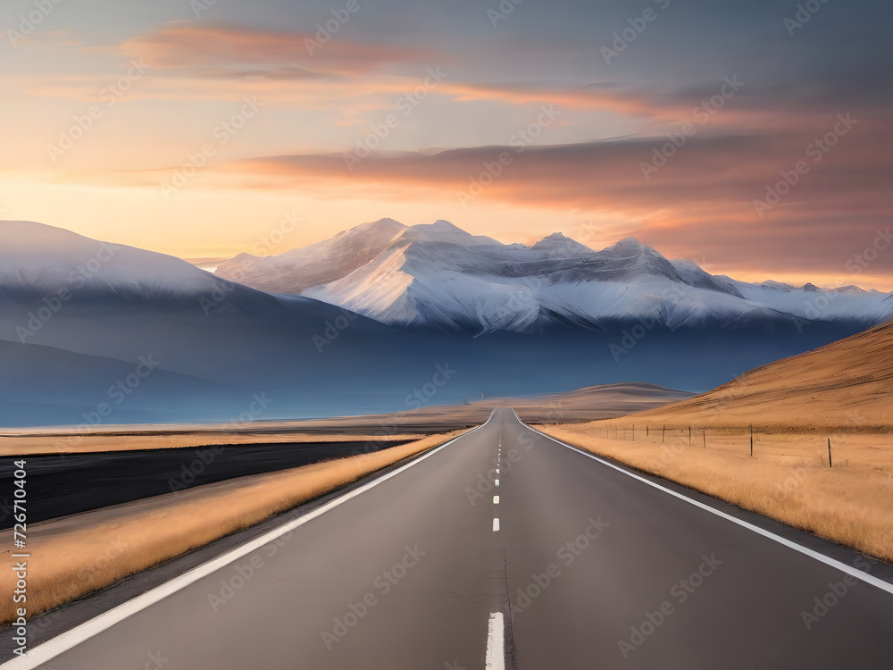 Empty asphalt road and mountain scenery at sunrise