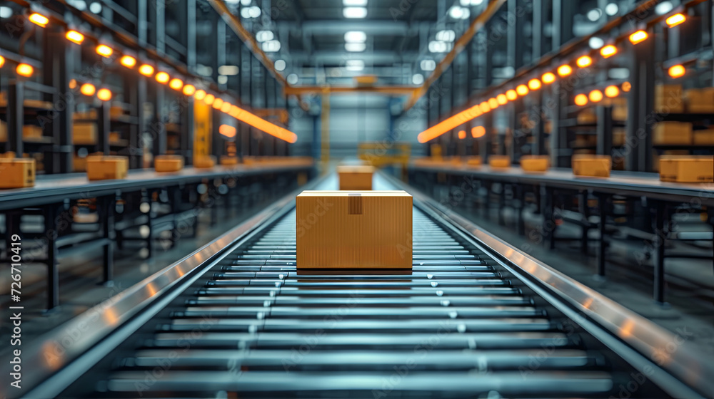 Fototapeta premium Cardboard box on a conveyor belt in an industrial warehouse