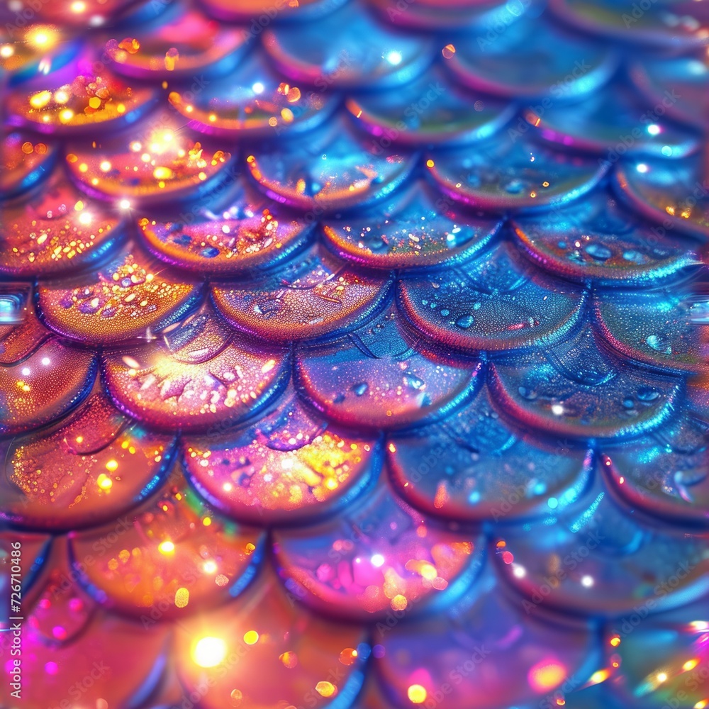 Colorful shimmering fish scale pattern with water droplets Colorful shimmering fish scale pattern with water droplets