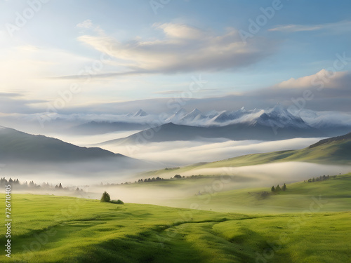 Idyllic landscape with green grass covered morning mountains with distant peaks and wide valley full of thick white cloudy fog.