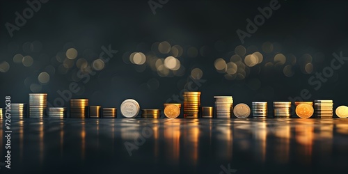 Stacks of coins with varying heights on a reflective surface, representing financial growth and investment strategy, captured in elegant low-light. AI