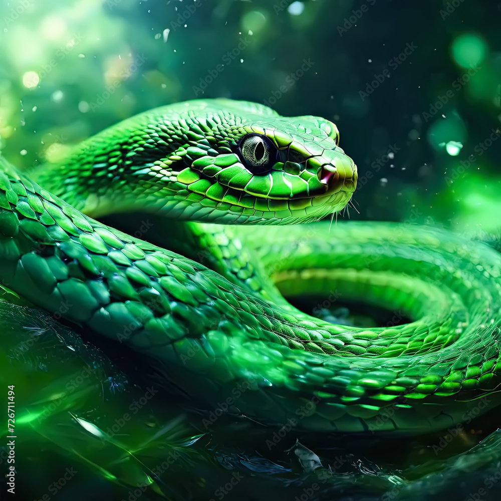 Obraz premium Green snake. Funny animal the symbol of the coming new year.