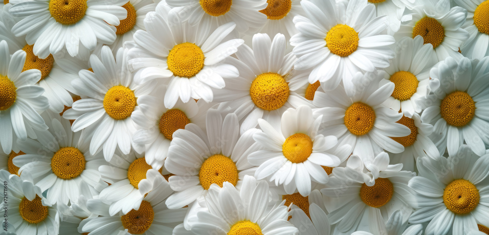 fresh white daisies with bright yellow centers filling the frame fresh white daisies with bright yellow centers filling the frame