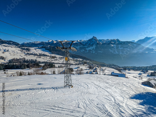 Panoramic view of the Mattstock ski area in winter, Switzerland