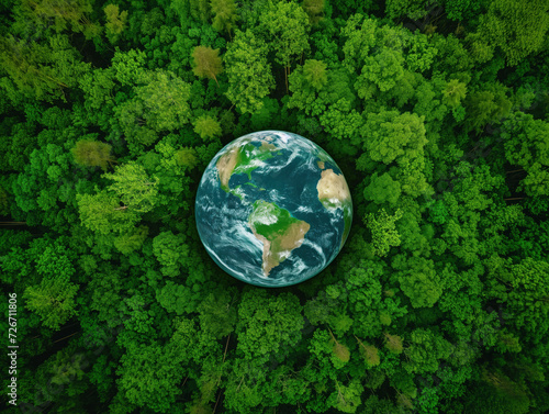 Conceptual Earth Globe Surrounded by Lush Green Forest Canopy © aka_artiom