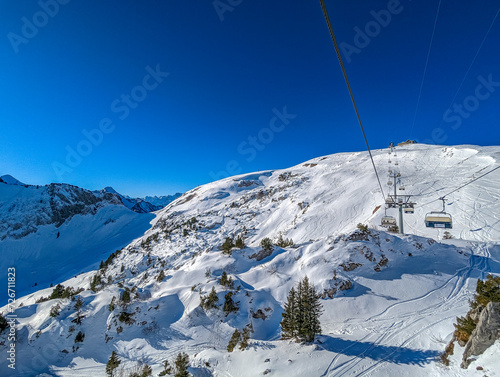 Aerial drone view of snow covered ski slopes at Stoos,Switzerland