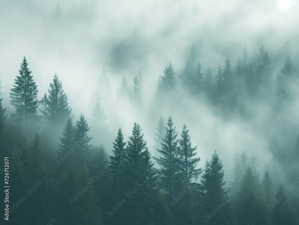 A misty morning veils a pine forest in a valley, casting an eerie and intimidating aura. The surroundings exude a somber vibe, evoking the essence of a bygone era.