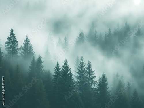 A misty morning veils a pine forest in a valley, casting an eerie and intimidating aura. The surroundings exude a somber vibe, evoking the essence of a bygone era. © aka_artiom