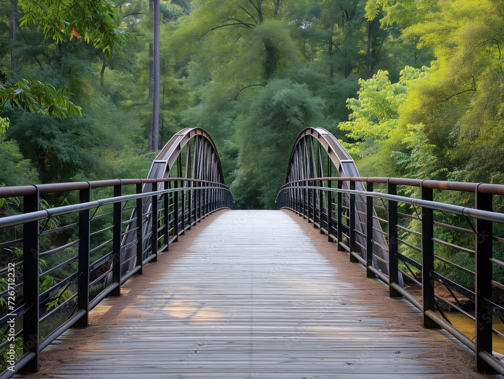 A stunning bridge over a scenic river. Adorned with elegant metal railings, it's surrounded by lush green trees, offering a fantastic view
