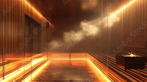 empty sauna room, glass doors, coal in the stove and steam, orange light