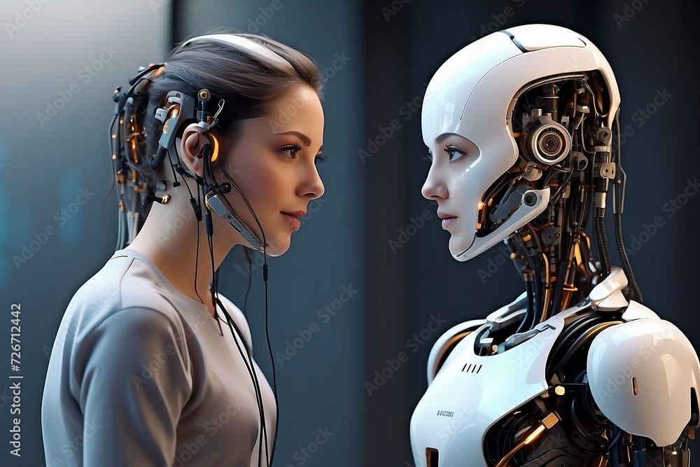A scene capturing the seamless communication between a person and an AI robot in a futuristic tech concert, showcasing the integration of human and artificial intelligence. A scene capturing the seamless communication between a person and an AI robot in a futuristic tech concert, showcasing the integration of human and artificial intelligence.