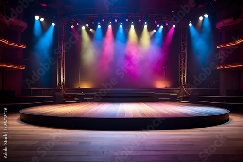 A stage beautifully decorated with captivating lights, setting the perfect atmosphere for an event performance or concert.