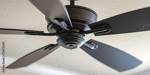 Modern black Ceiling Fan in a Cozy Living Room, copy space. Contemporary ceiling fan with light, blending seamlessly into a bright, stylish home interior.