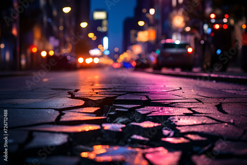  crack in road on the middle of a busy city street that looks like it was broken by an earthquake. background blurry for a busy city street , cars and building , night