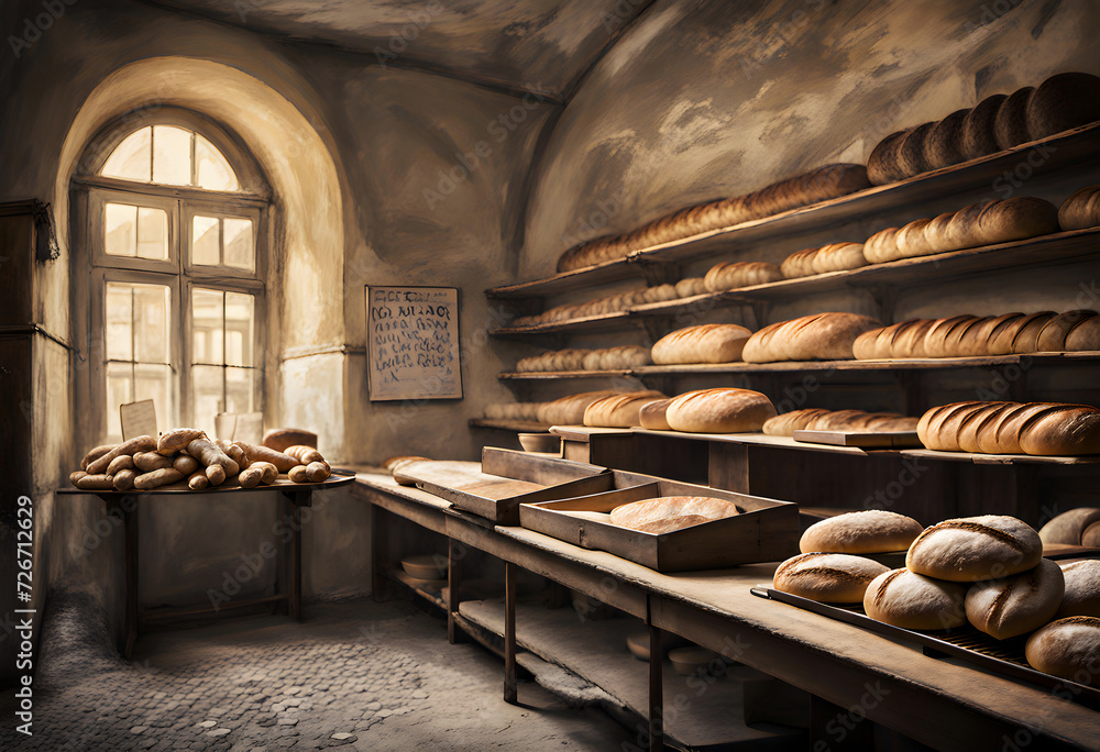 Interior of an old bread shop in a rustic building with loaves on shelves and counters