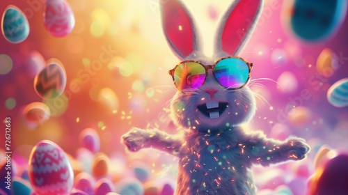 cute Easter bunny character with holographic sunglasses dancing  Easter eggs flying around  very bold colors