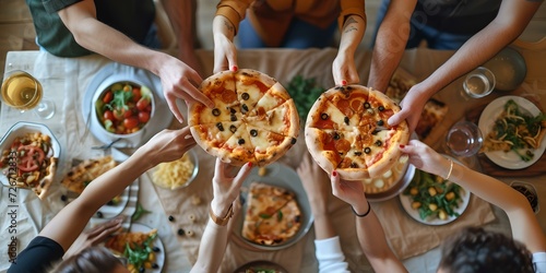 Friends sharing delicious pizzas at cozy gathering, casual dining experience. top view food photography. AI