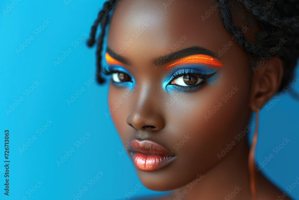 Young beauty stylish African American woman on blue background, portrait of black fashion girl with beautiful makeup and hairstyle, bright lipstick and eye shadow