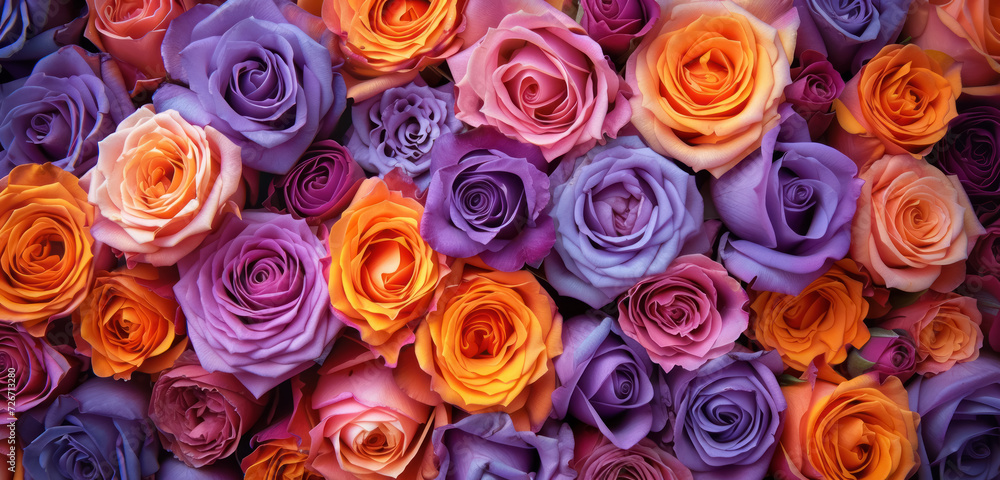 lush bouquet of violet and orange roses in full bloom lush bouquet of violet and orange roses in full bloom