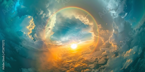 Ethereal sunset sky with circular rainbow halo. aesthetic natural phenomenon for calm backgrounds. vivid colors, dreamy landscape. AI photo