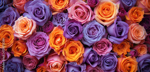 lush bouquet of violet and orange roses in full bloom