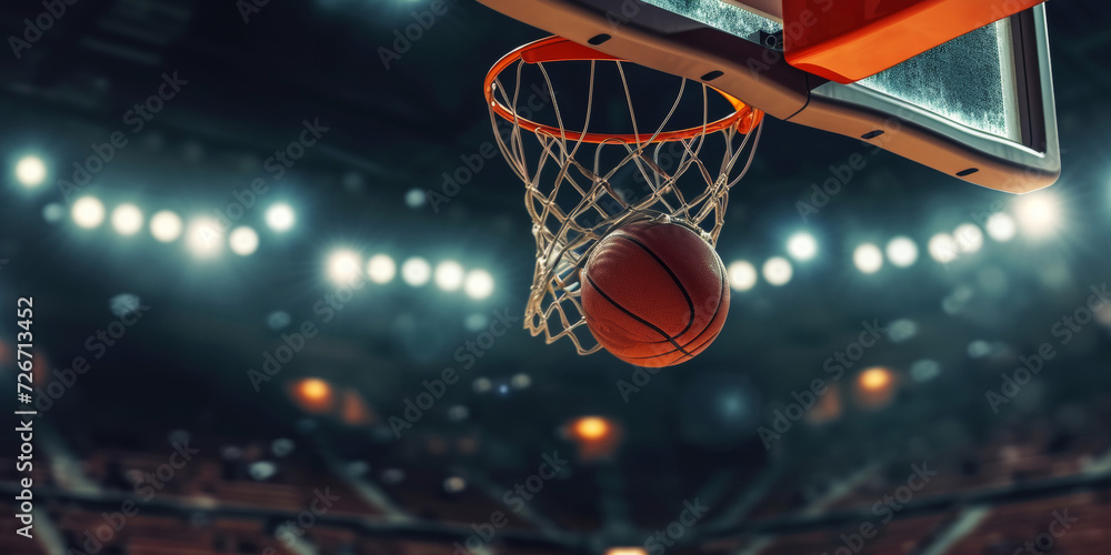 A  ball flies into a basketball basket. Sport game banner