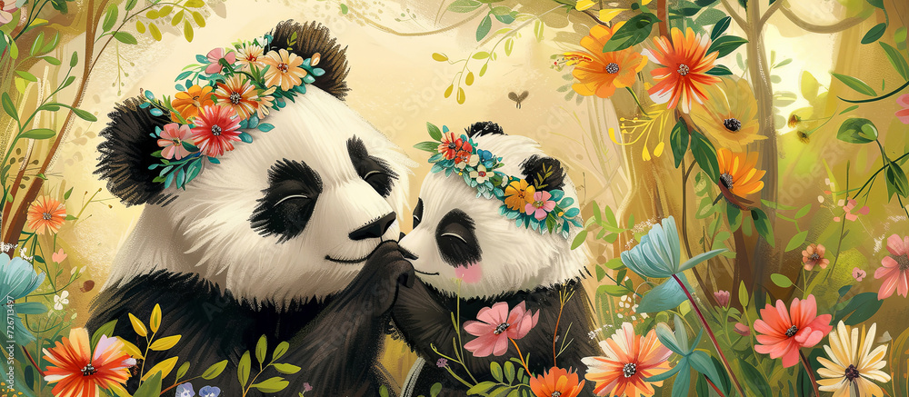 Mother panda with wreath of flowers care about baby panda. Happy mothers day banner