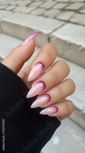 Female hand with pink nail design. Nail polish manicure.AI.