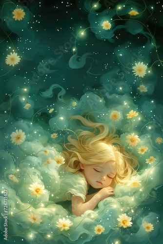 girl sleeping, floral background
