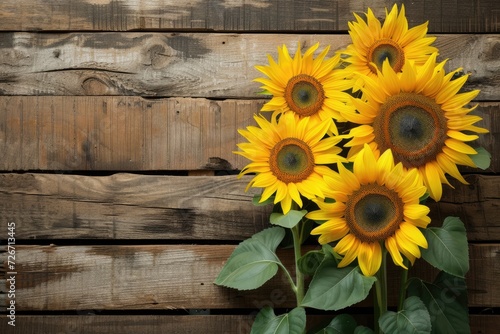 sunflowers on rustic wooden background many wooden slats