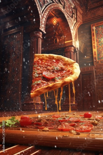 Floating Pepperoni Pizza Slice with Elegant Interior Backdrop