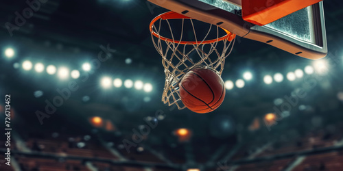 A  ball flies into a basketball basket. Sport game banner © bit24