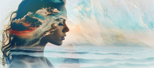 Double exposure of a beautiful woman and the sea. Meditation concept. Panorama