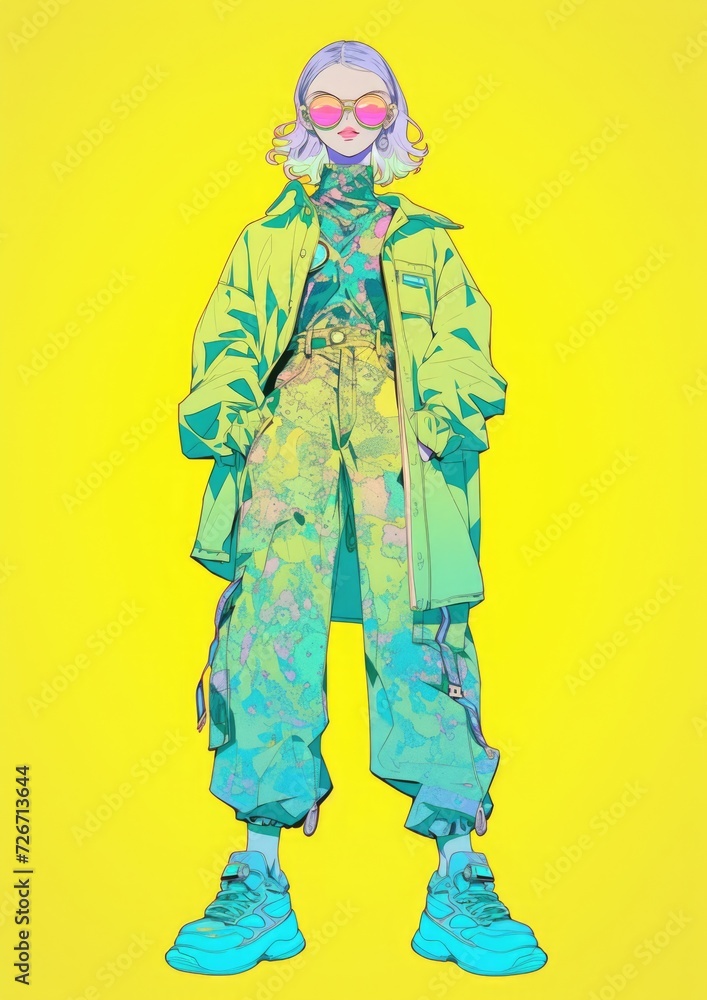 high end Albino model, teal and yelow gradient, fashionable outfit, pop glitch high end Albino model, teal and yelow gradient, fashionable outfit, pop glitch