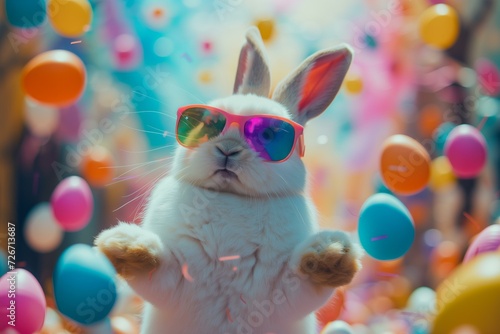 cute Easter bunny with holographic sunglasses dancing, Easter eggs flying around, very bold colors