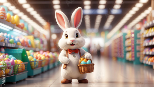 A cute white Easter bunny buys Easter eggs in the supermarket