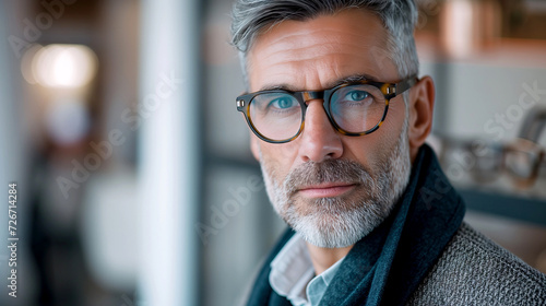 Portrait of a Confident middle aged Man wearing pair of trendy glasses Looking at camera