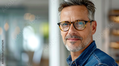 portrait of Smiling middle aged man wearing pair of glasses in an optical store