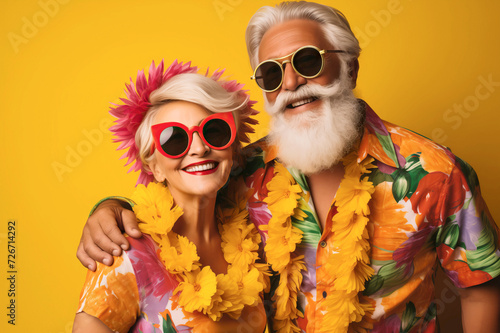 Joyful Elderly Couple Embracing in Tropical Style with Sunglasses on Yellow Background © Renata Hamuda