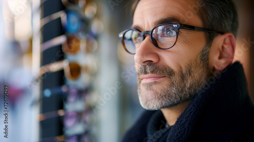 Portrait of a middle aged man Wearing Glasses at an Eyewear Store