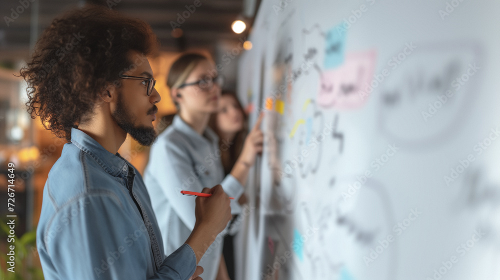 A diverse group of people in an office environment, looking focused at ...