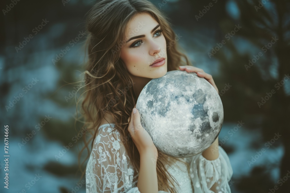 Naklejka premium Captivating Beauty: Woman Enveloped By The Moon's Celestial Art