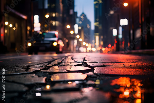 crack in road on the middle of a busy city street that looks like it was broken by an earthquake. background blurry for a busy city street , cars and building , night