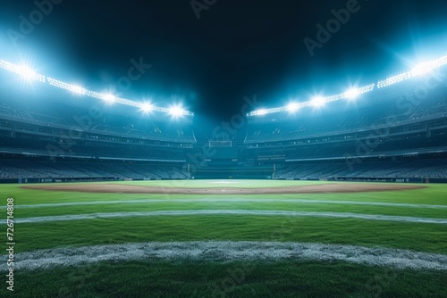 Serene Capture: Eerily Desolate Baseball Stadium, Illuminated Field Shining Amidst Bright Lights. Perfectly Symmetrical Photograph With Centered Composition And Copy Space. © Anastasiia