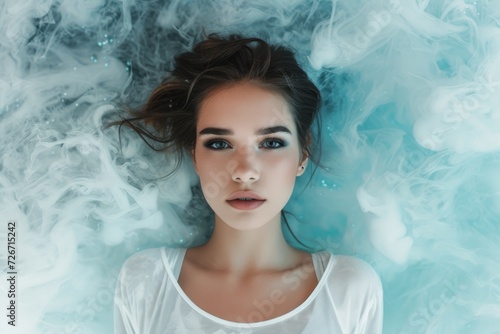 Promoting A Fashion Spa Salon: Symmetrical Photo Of A Young Woman With Abstract Smokey And Watery Backdrop