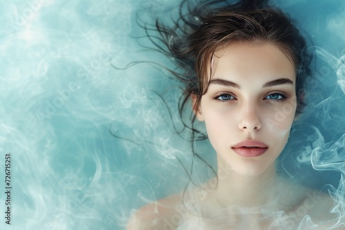 Stylish Fashion Spa Salon Promo: Young Woman Amidst Abstract Smokey And Watery Background, Perfect Symmetry, Ample Room For Text