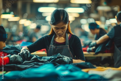 Exposing Labor Exploitation: Asian Woman Working In Garment Factory Shown In A Perfect Symmetrical Photo photo