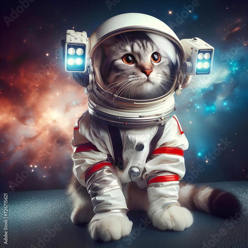 photo of cat in an astronaut helmet isolated on cosmoc background