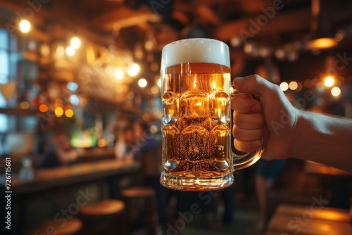 Symmetrical Closeup Of A Beer Mug Being Raised In A Cozy Bar Atmosphere - Perfect Photo