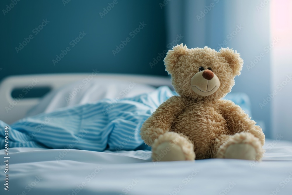 Cuddly Teddybear Toy Brings Joy To Hospital Room, Capturing The Essence Of Care And Childhood Innocence In A Perfectly Symmetrical Photo With Centered Composition And Copy Space